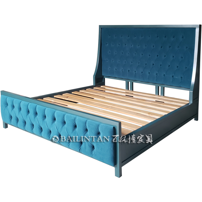  百林檀实木框布艺双人床1.5米1.8乡村美式风格定制家具