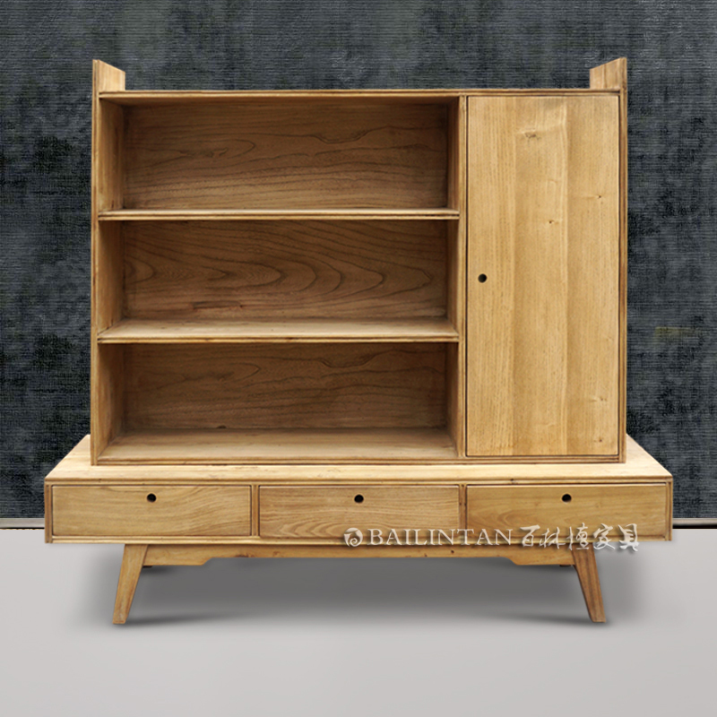 百林檀原木色实木电视柜组合架子书架多用设计师免漆榆木定制家具