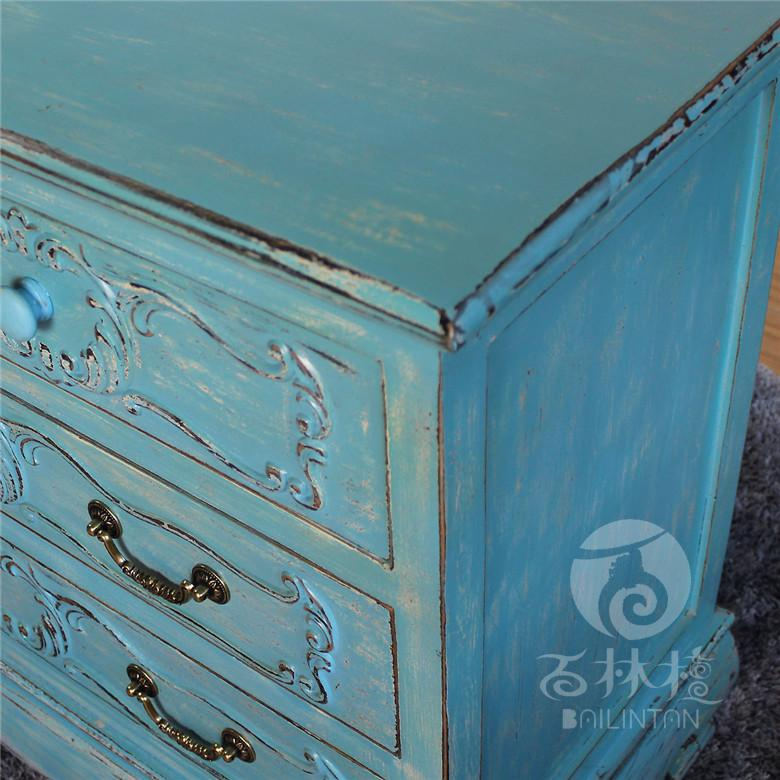 欧式雕花电视柜实木 复古做旧7斗斗柜抽屉柜 蓝色客厅柜子落地柜 