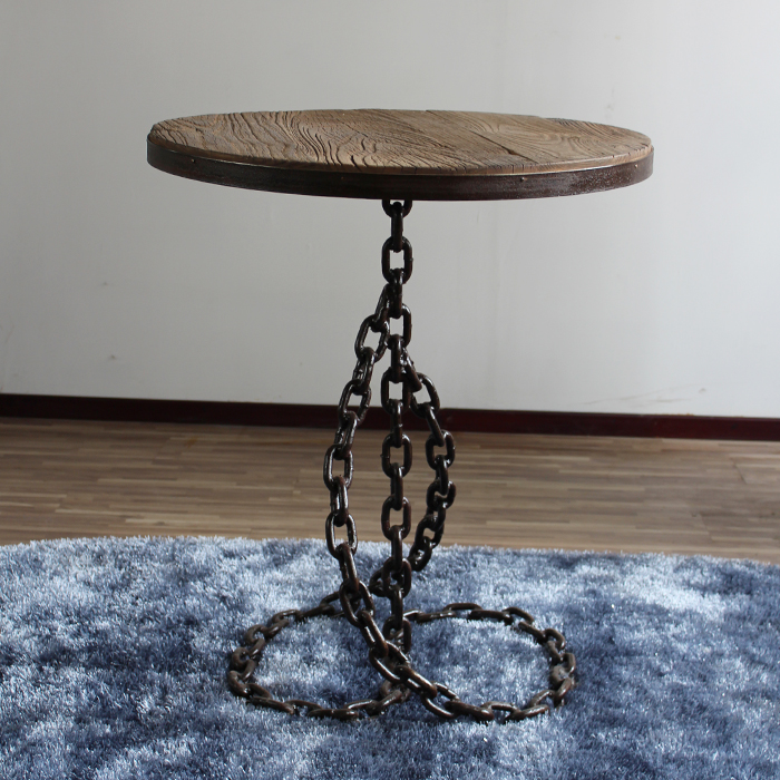 老榆木面铁艺小圆桌餐桌 旋转凳子套装5件 北欧铁链腿餐桌椅家具 