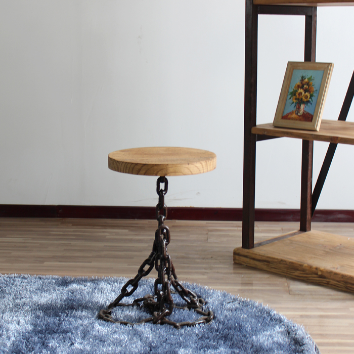 老榆木面铁艺小圆桌餐桌 旋转凳子套装5件 北欧铁链腿餐桌椅家具 