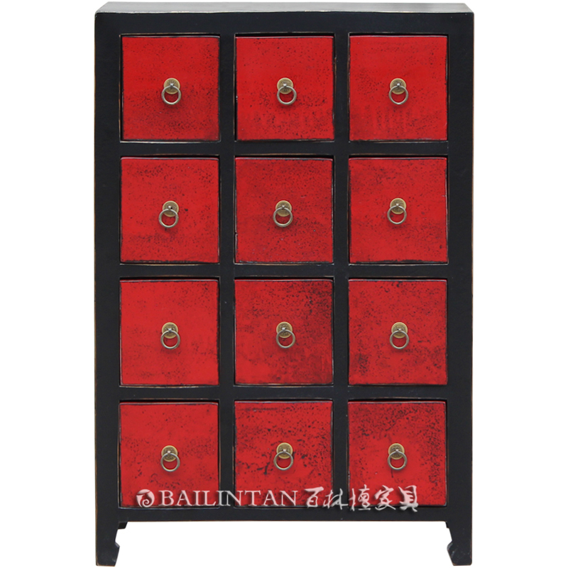  中式复古做旧12斗柜 黑红抽屉柜 首饰收纳储物柜子 定制木家具 