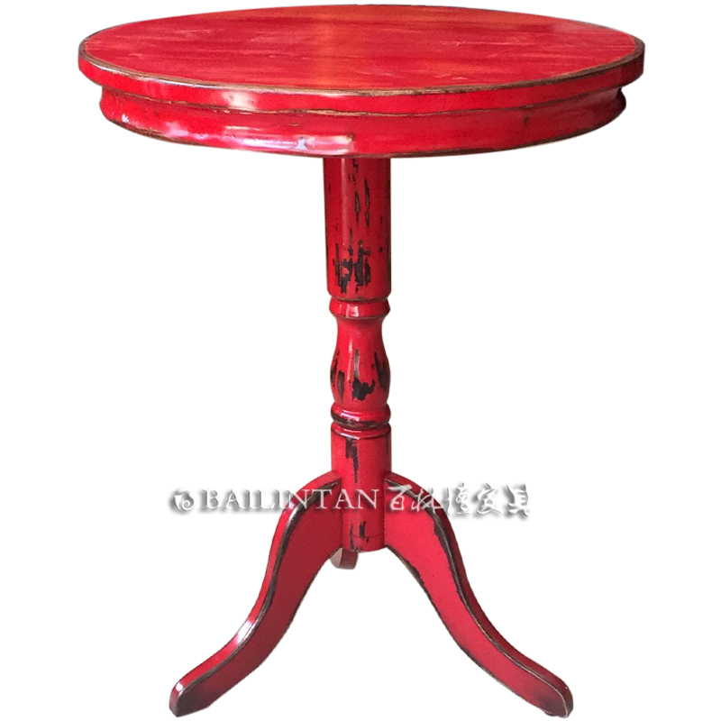 欧式小圆桌洽谈桌椅 实木餐桌咖啡厅桌茶几接待桌 小户型餐桌红色做旧定制桌圆 