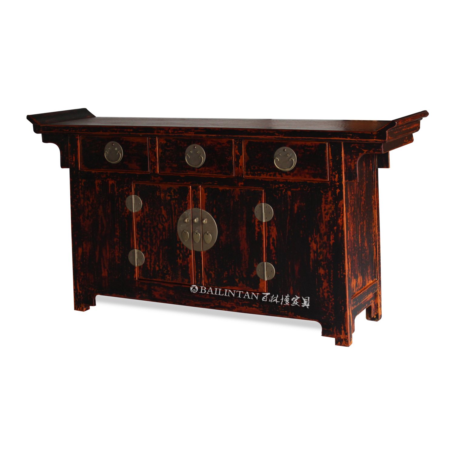 新中式黑色抽屉餐边条案柜 碗橱柜佛龛供桌客厅翘头柜 北京连三实木家具
