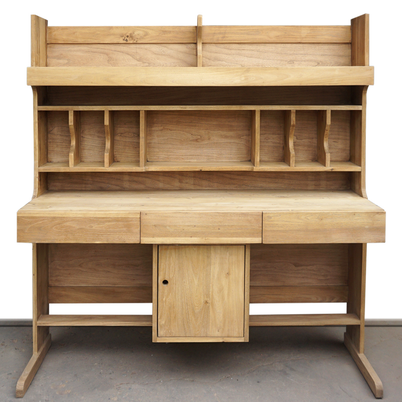  百林檀原木色实木书桌书架书柜一体电脑桌设计师创意榆木定制家具