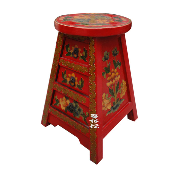 红色描金彩绘实木梳妆凳子圆凳 防古储物凳装饰凳子 创意木质家具